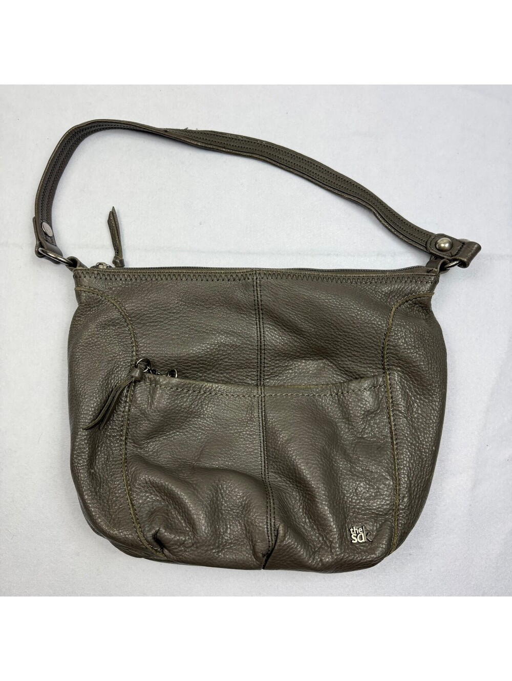 The Sak Leather Hobo Shoulder Bag Olive Gray Pebbled Iris Zip Top Purse